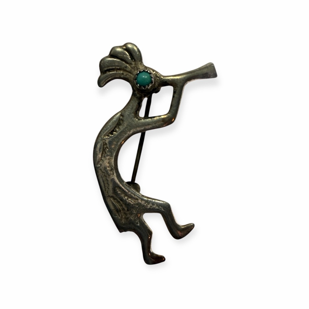 Vintage Native American‎ Sterling Silver Kokopelli Pin Brooch Turquoise
